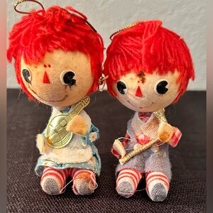 Vintage flocked Raggedy Ann and Andy Christmas Ornaments Japan
